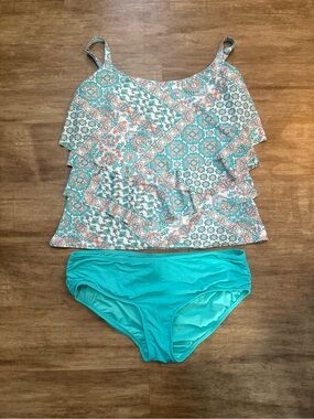 Coco Reef Turquoise & Coral Ruffle Tankini Top